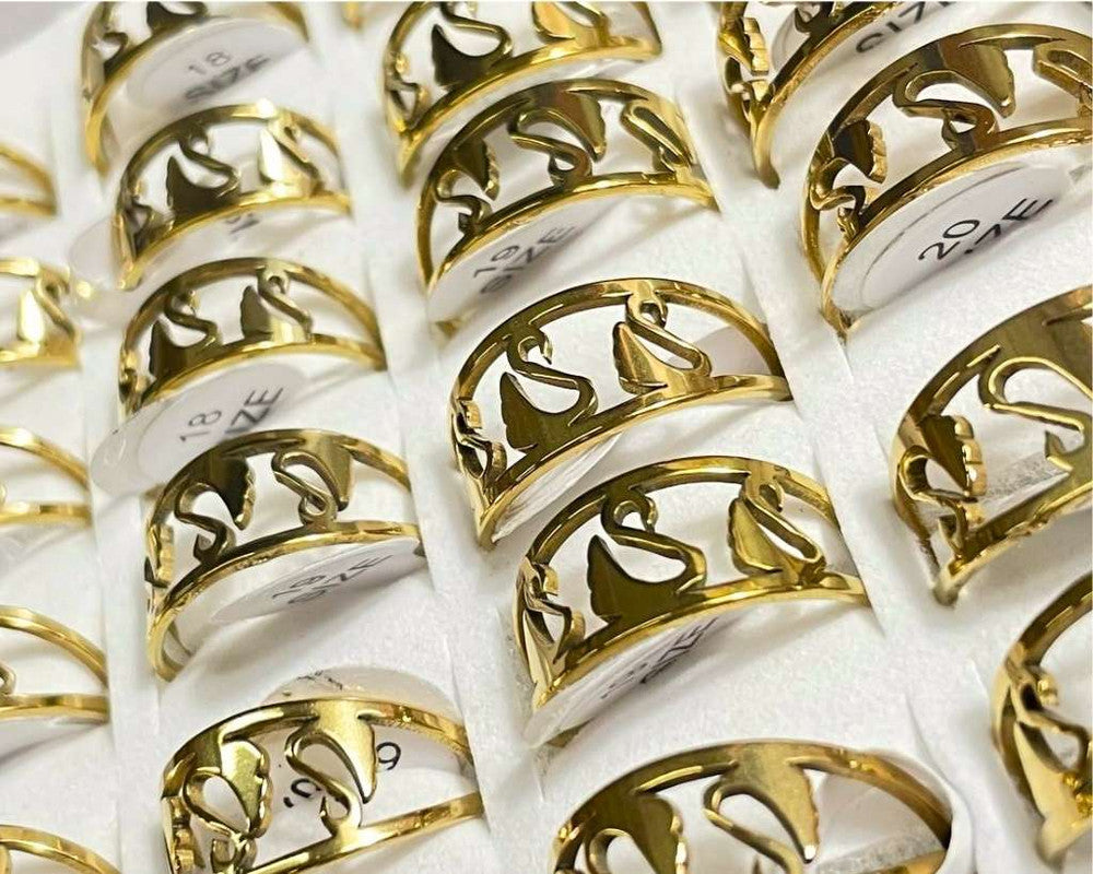 GOLDEN STAINLESS STEEL THREE SWANS RING- SET of 36