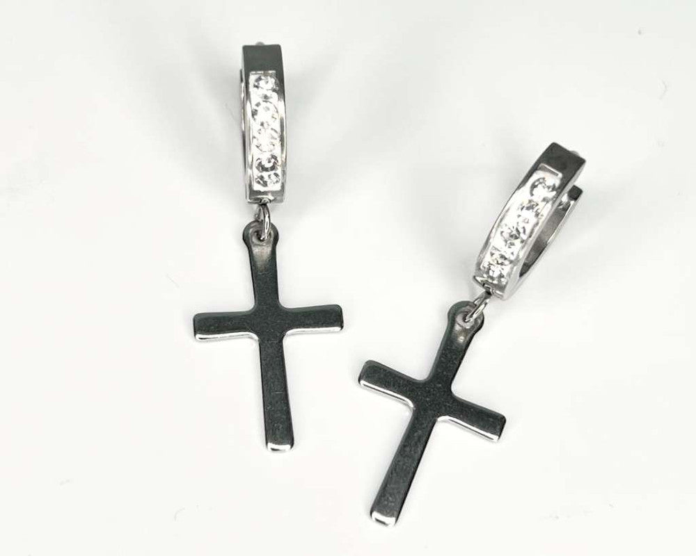 SILVER STAINLESS STEEL LITTLE EARRINGS STUDED STONES CROSS – Set of 120