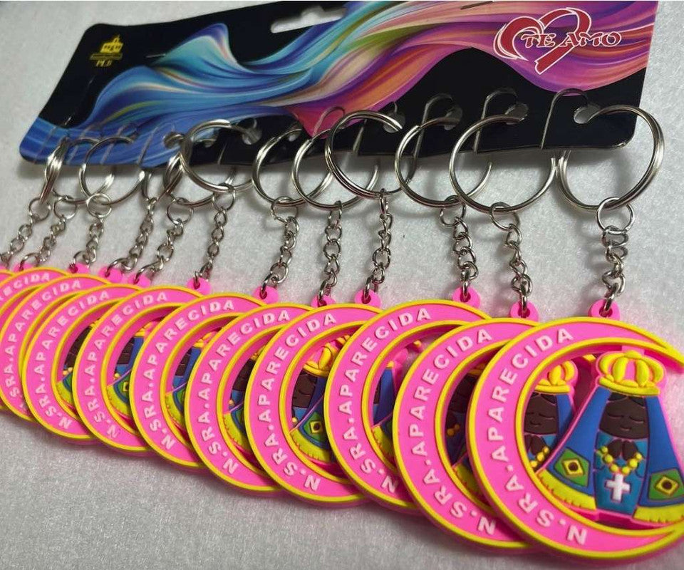 PINK RUBBER  MOON OUR LADY APPARITION KEYCHAIN  – Set of 12