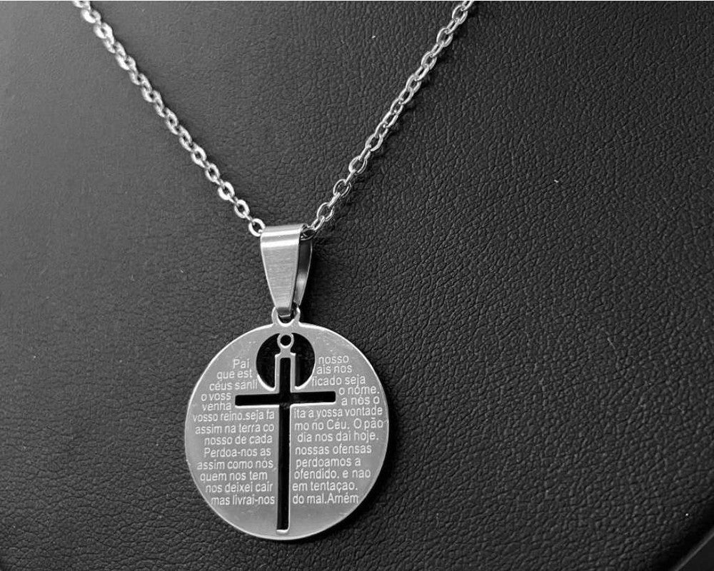 SILVER CIRCLE NECKLACE WITH  CROSS AND (ORAÇAO/PRAYER) – Set of 12