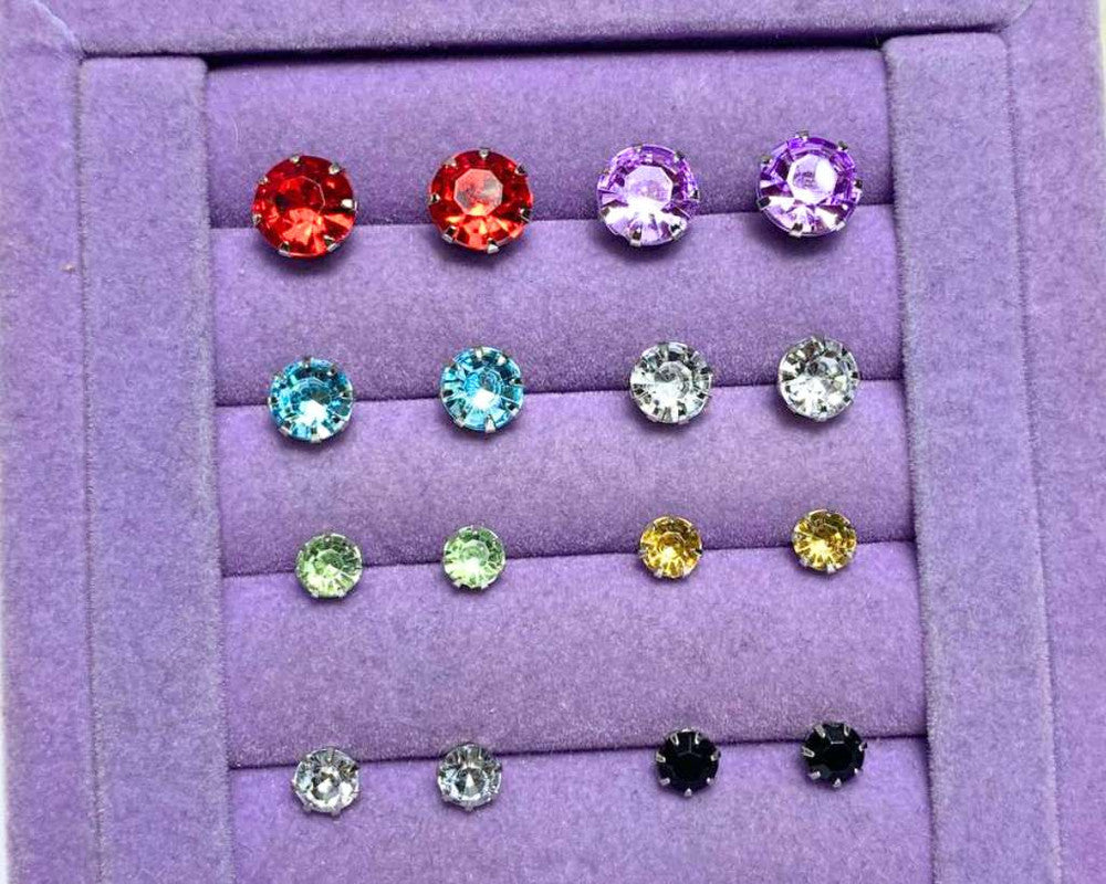 EARRINGS WITH COLORFUL ZIRCONIA STONE LOT A SIZES – 10 PACKS WITH 36 PAIRS EACH
