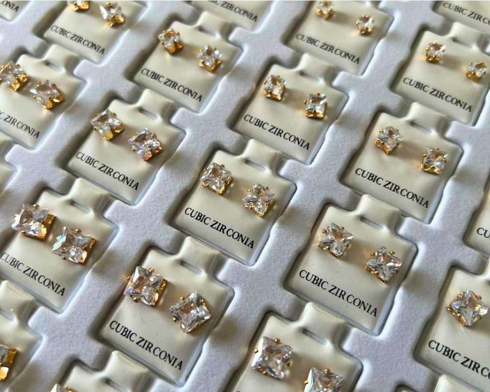 GOLDEN EARRINGS SQUARE STONE ZIRCONIA- Set of 36