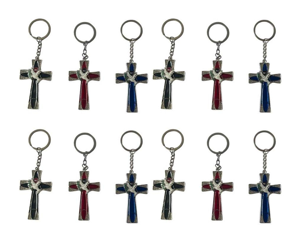 SILVER KEYCHAIN COLORED CROSS WITH WHITE PIGEON  – Set of  12