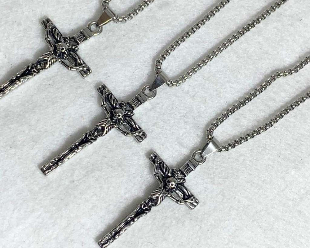 SILVER STAINLESS STEEL NECKLACE CROSS SKULL – Set of 12