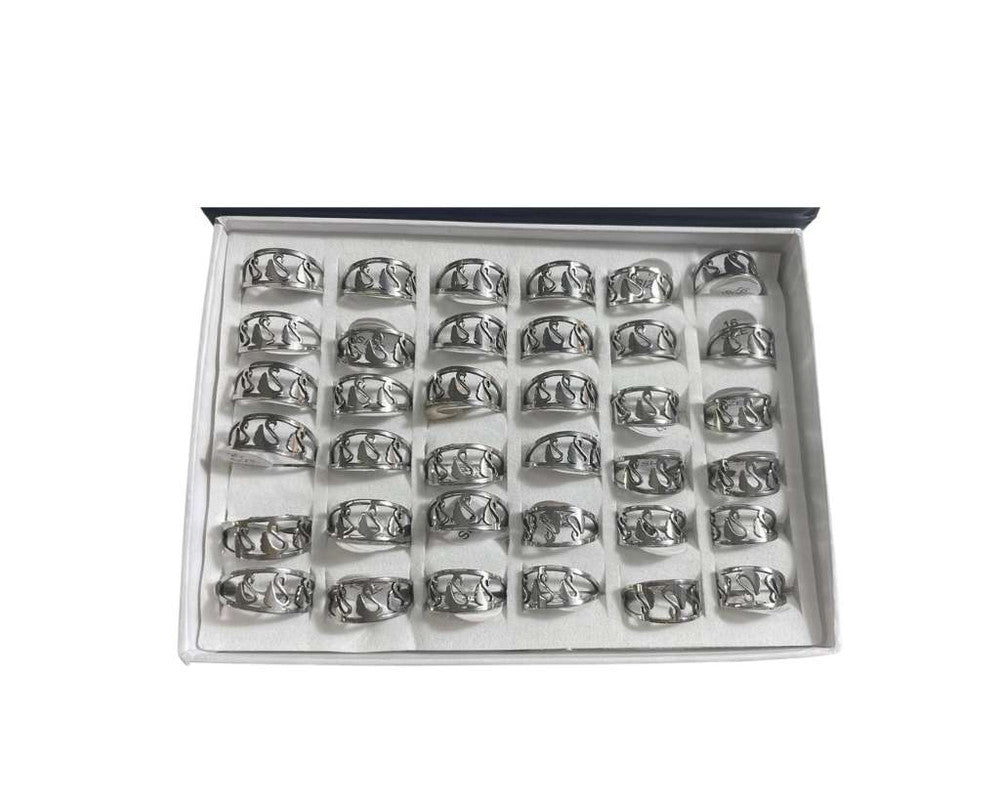 SILVER STAINLESS STEEL THREE SWANS RING – Set of 36