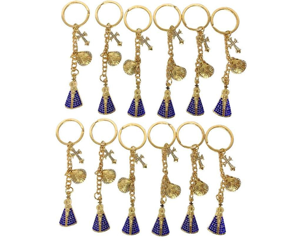 GOLDEN KEYCHAIN OUR LADY OF APPARITIONS  WITH BLUE RHINESTONES SMALL CROSS AND SHELL-Set of 12