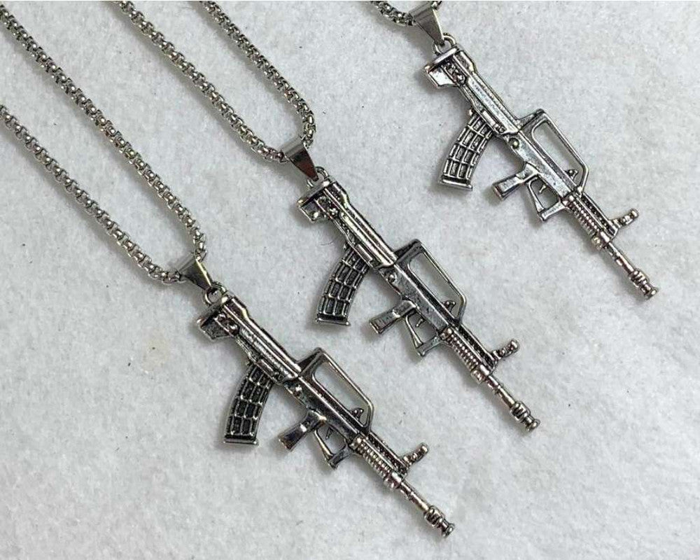 SILVER STAINLESS STEEL NECKLACE MACHINE GUN – Set of 12