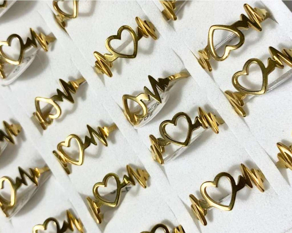 GOLDEN STAINLESS STEEL HEART AND BEAT RING – Set of 36