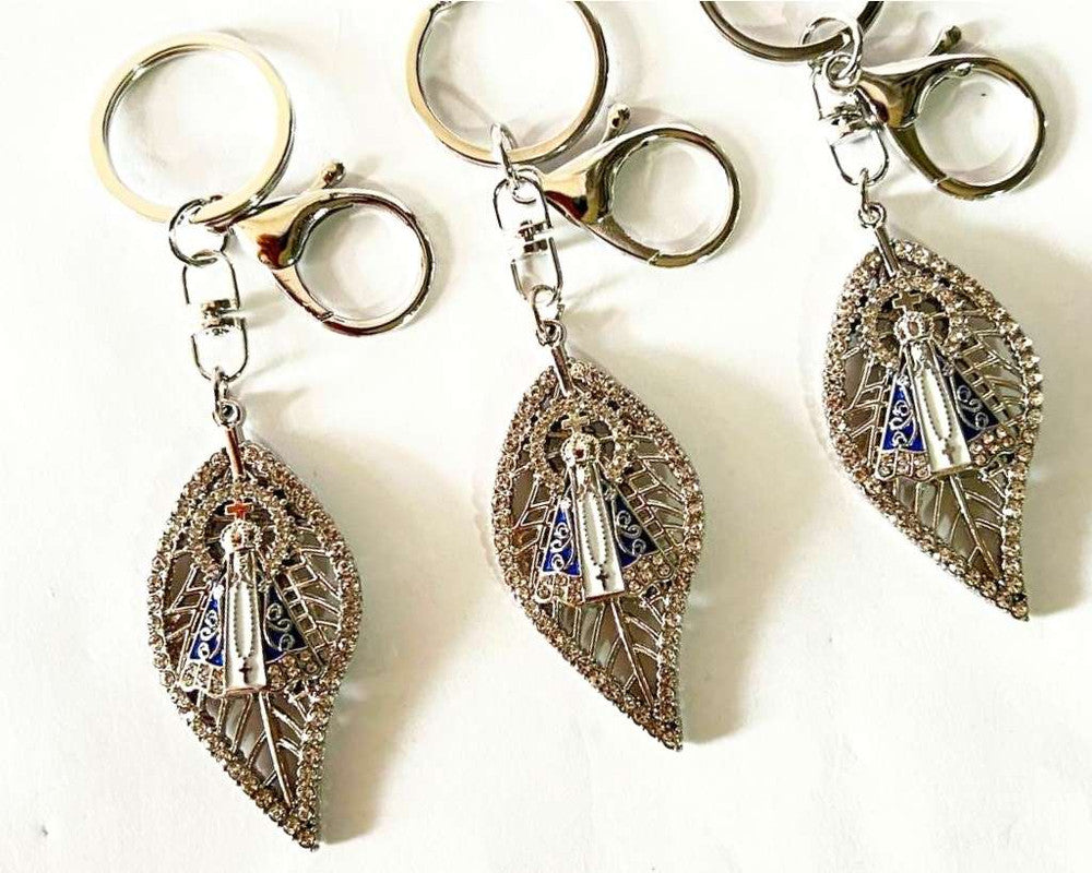 SILVER STAINLESS STEEL KEYCHAIN O.LADY APPARITIONS LEAF WITH RHINESTONES – Set of 12