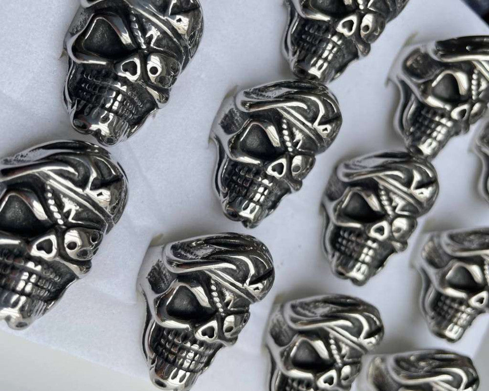 SILVER STAINLESS STEEL PIRATE SKULL RING- Set of 12