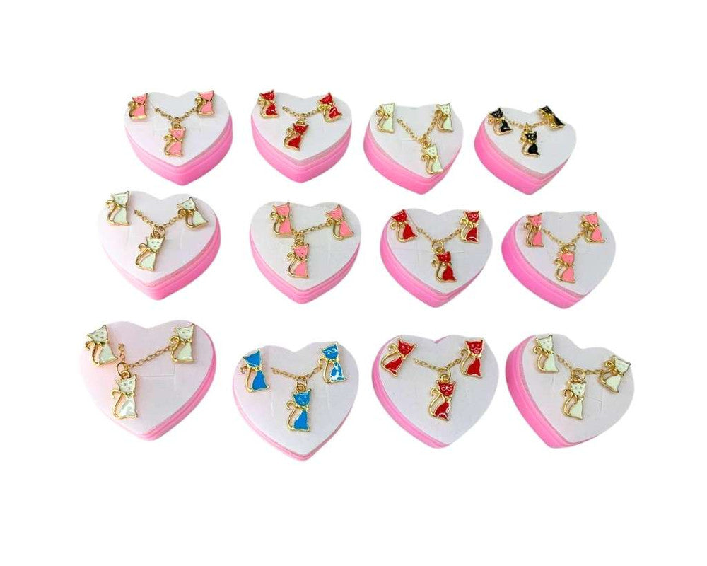 COLORFUL SET  EARRING AND  NECKLACE CATS  – Set of 12