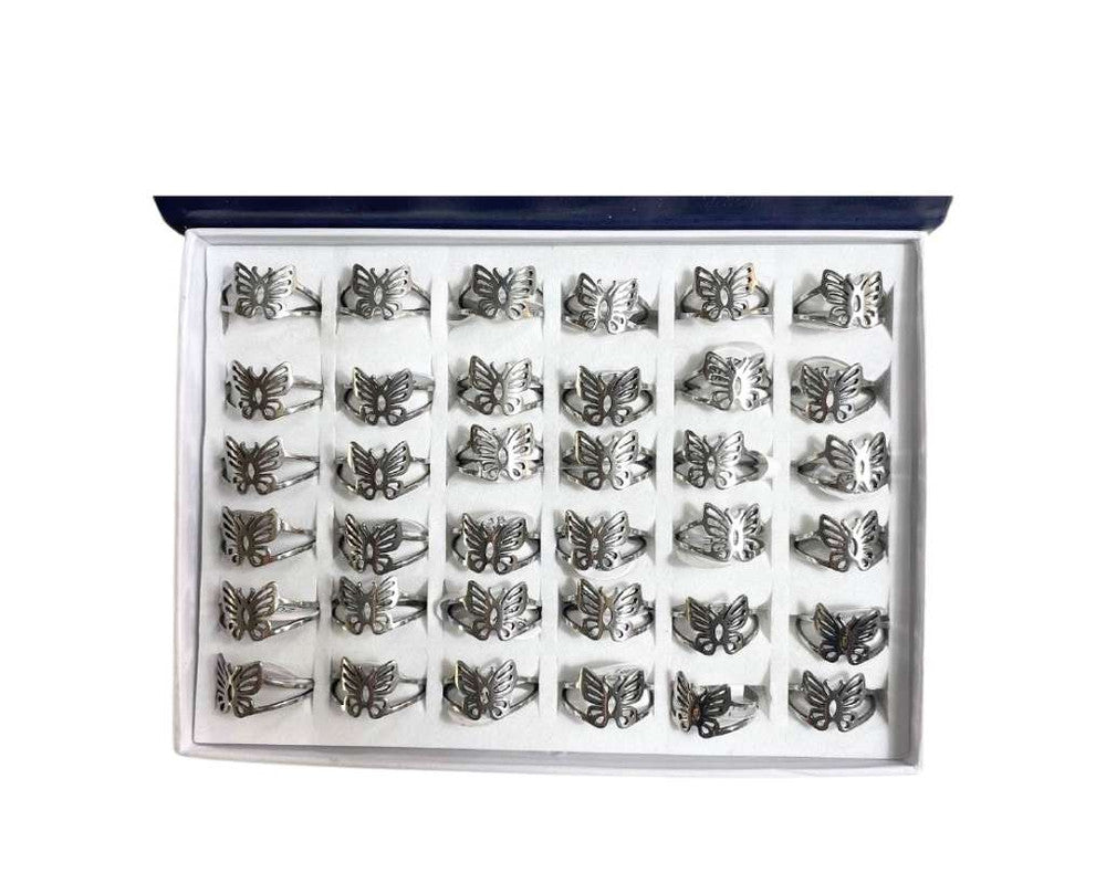 SILVER STAINLESS STEEL LARGE BUTTERFLY RING-Set of 36