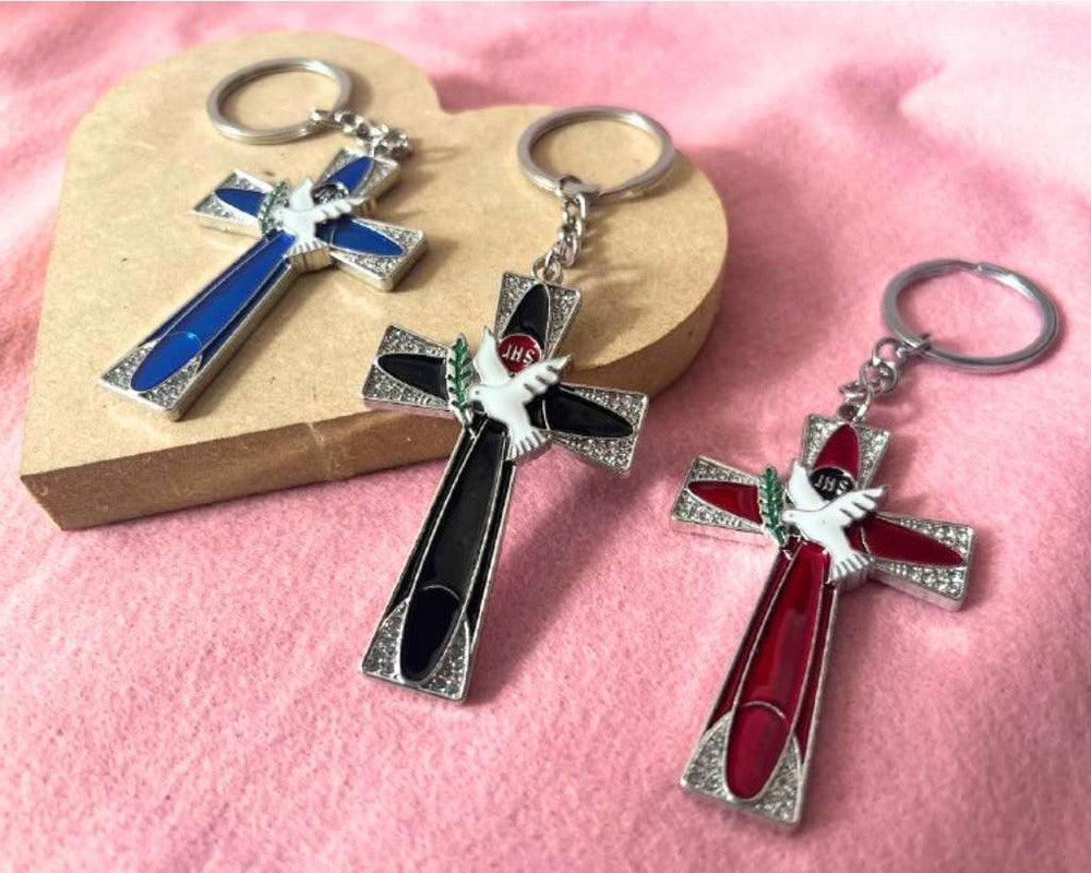 SILVER KEYCHAIN COLORED CROSS WITH WHITE PIGEON  – Set of  12