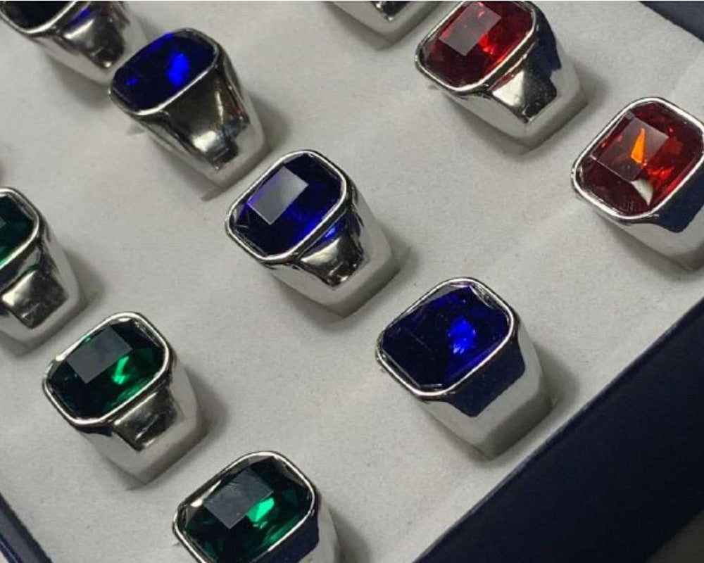 SILVER SQUARE STAINLESS STEEL RING WITH COLORED STONE – Set of 12