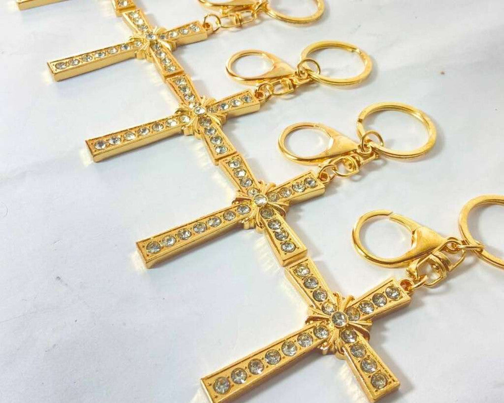 GOLDEN KEYCHAIN CROSS WITH RHINESTONES –Set of  12