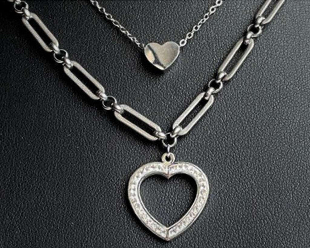 SET SILVER EARRINGS HEART AND NECKLACE HEART STUDDED- Set of 12