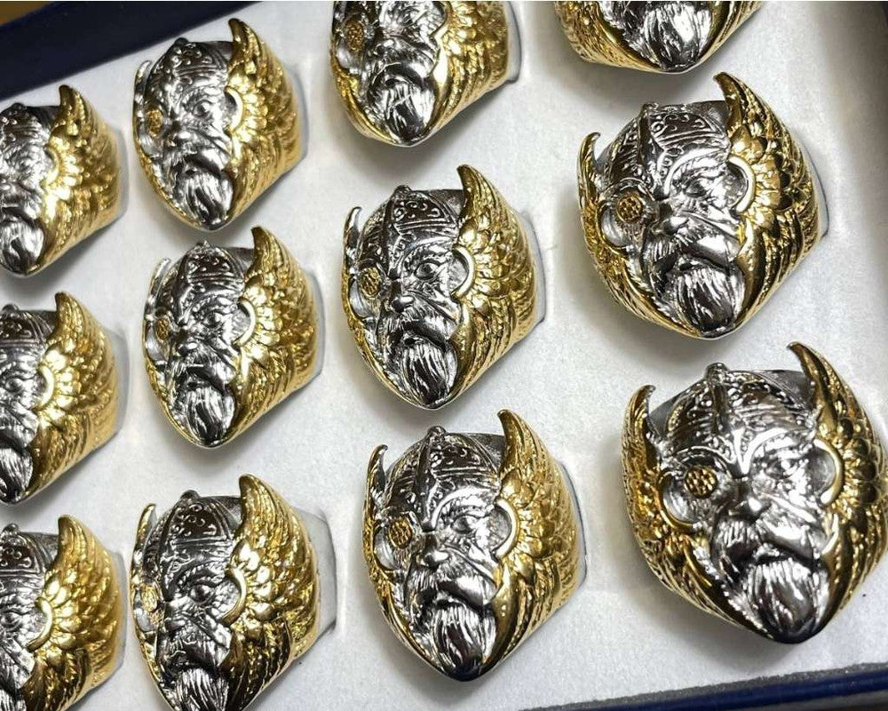 SILVER STAINLESS STEEL RING WITH GOLD VIKINGS- Set of 12