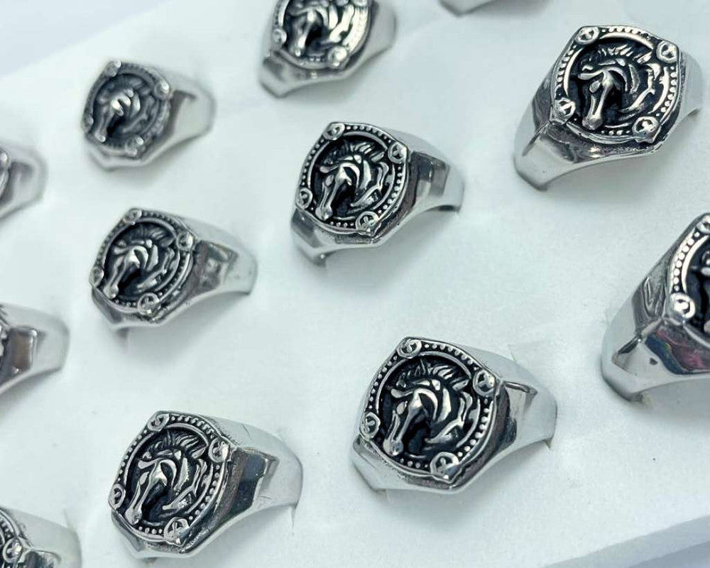 SILVER STAINLESS STEEL RING WITH HORSE HEAD- Set of 12