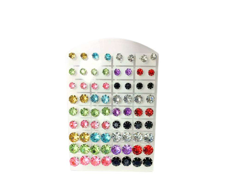 EARRINGS WITH COLORFUL ZIRCONIA STONE LOT A SIZES – 10 PACKS WITH 36 PAIRS EACH