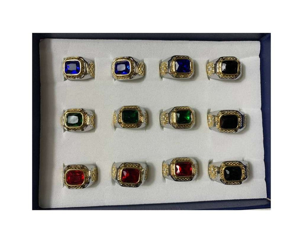 GOLDEN AND SILVER STAINLESS STEEL RING WITH COLORED STONE – Set of 12