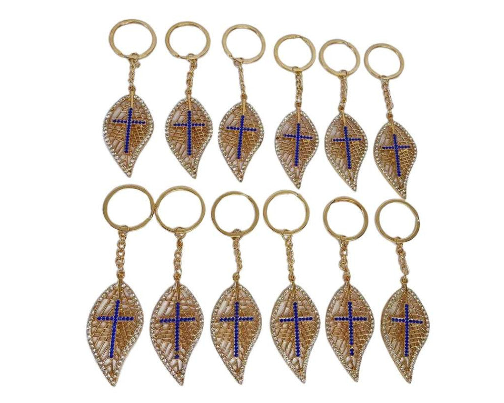 GOLDEN  KEYCHAIN LEAF WITH CROSS – Set of 12