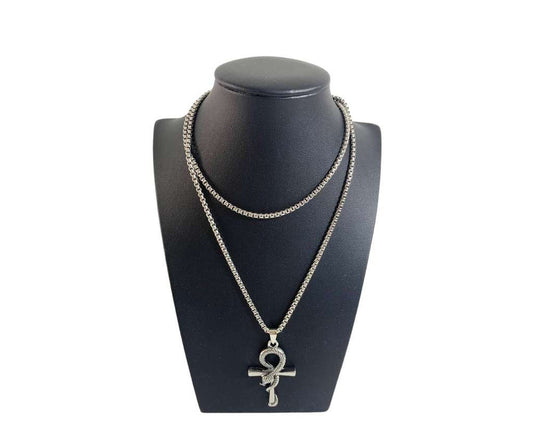 SILVER STAINLESS STEEL NECKLACE CROSS WITH SNAKE  – Set of 12