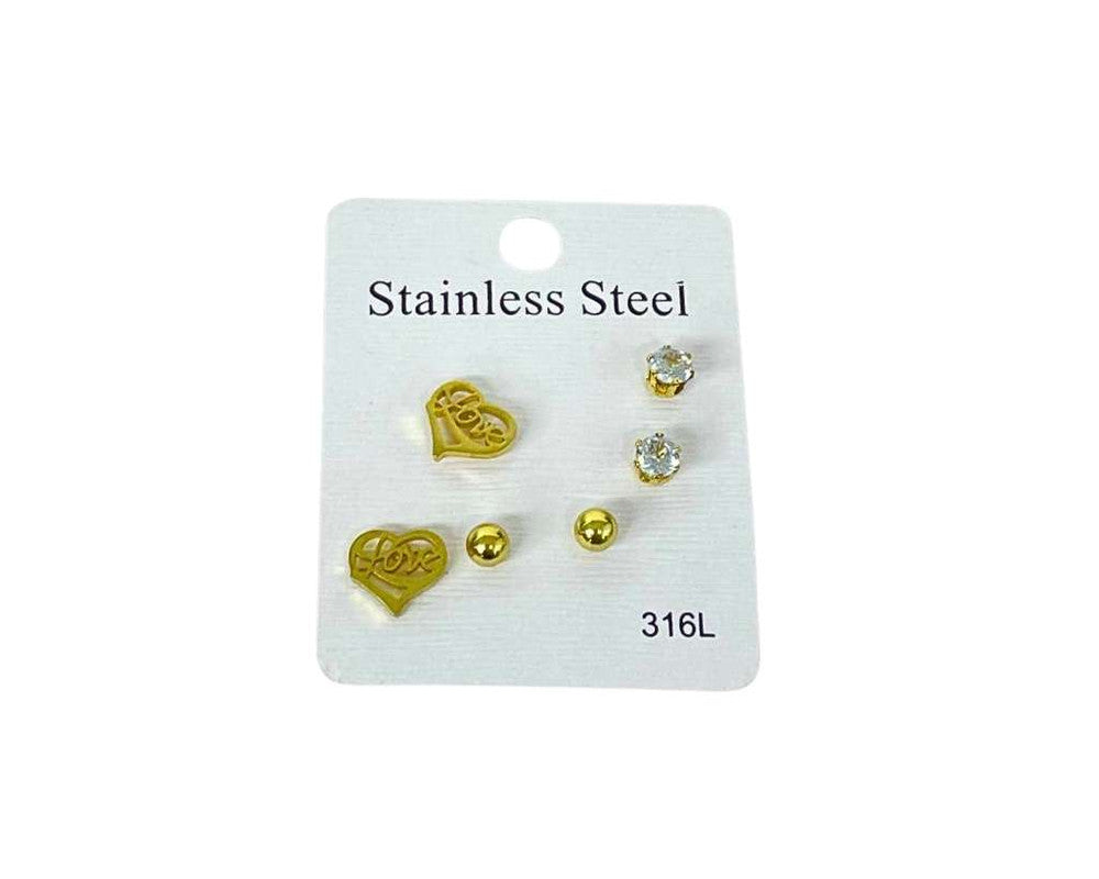 SET GOLD STAINLESS STEEL EARRINGS HEART LOVE -Set of 12