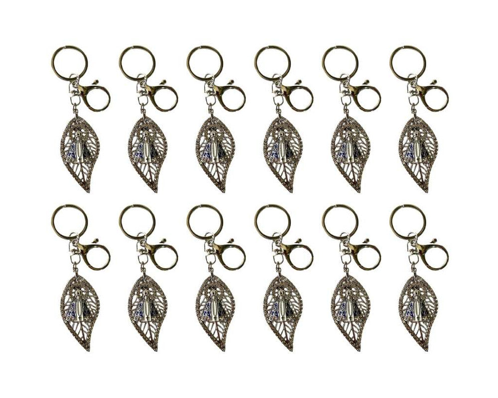 SILVER STAINLESS STEEL KEYCHAIN O.LADY APPARITIONS LEAF WITH RHINESTONES – Set of 12