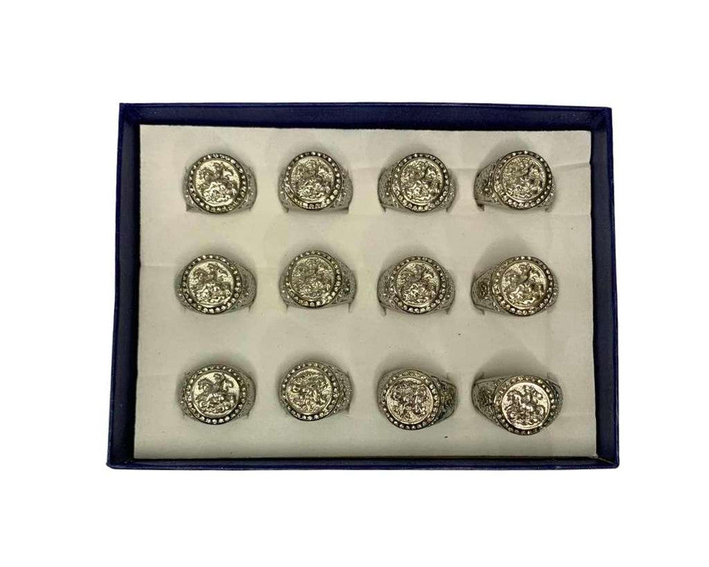 SILVER STAINLESS STEEL CIRCLE SAINT JORGE STRASS RING- Set of 12