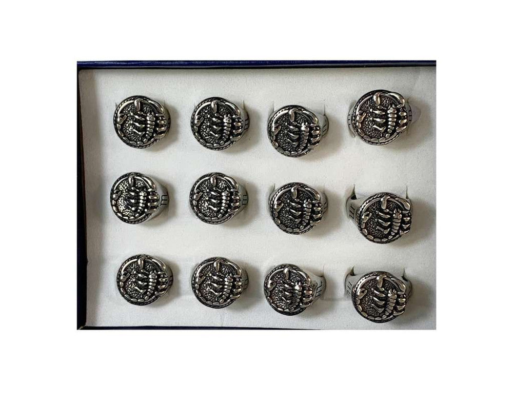 SILVER STAINLESS STEEL RING SIGN OF SCORPION- Set of 12