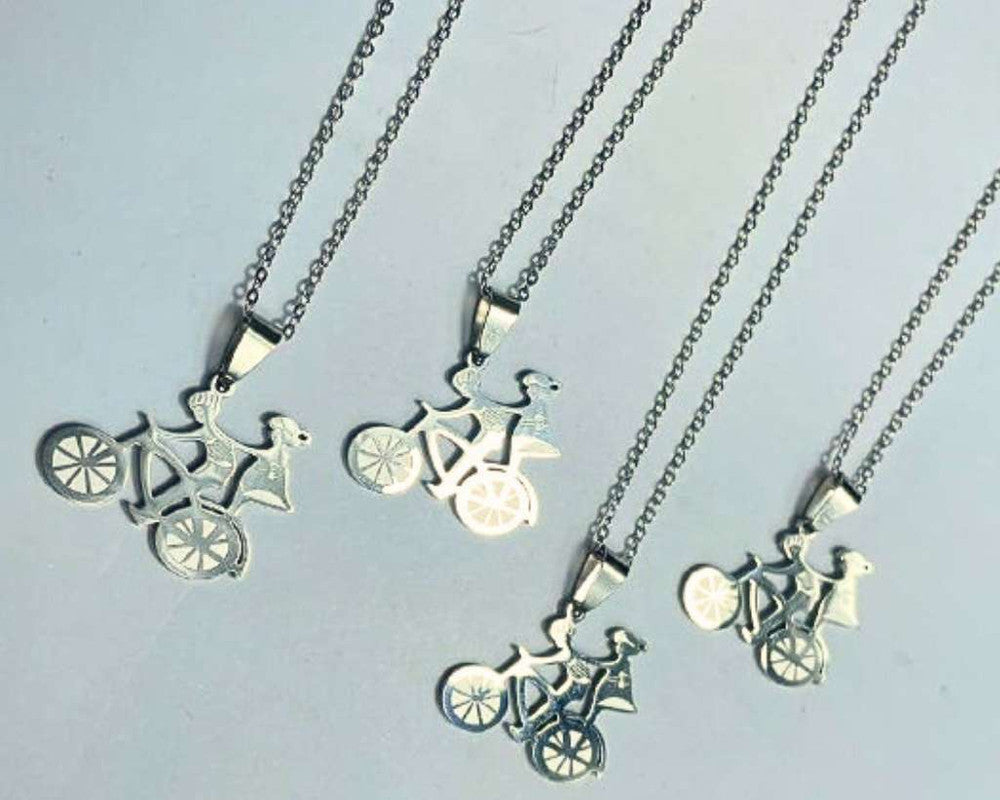 SILVER NECKLACE WITH COUPLE  ON BICYCLE PENDANT – Set of 12