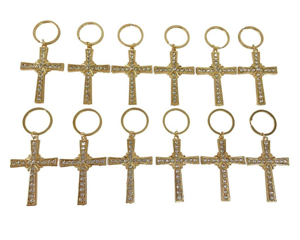 GOLDEN KEYCHAIN CROSS WITH RHINESTONES-Set of 12