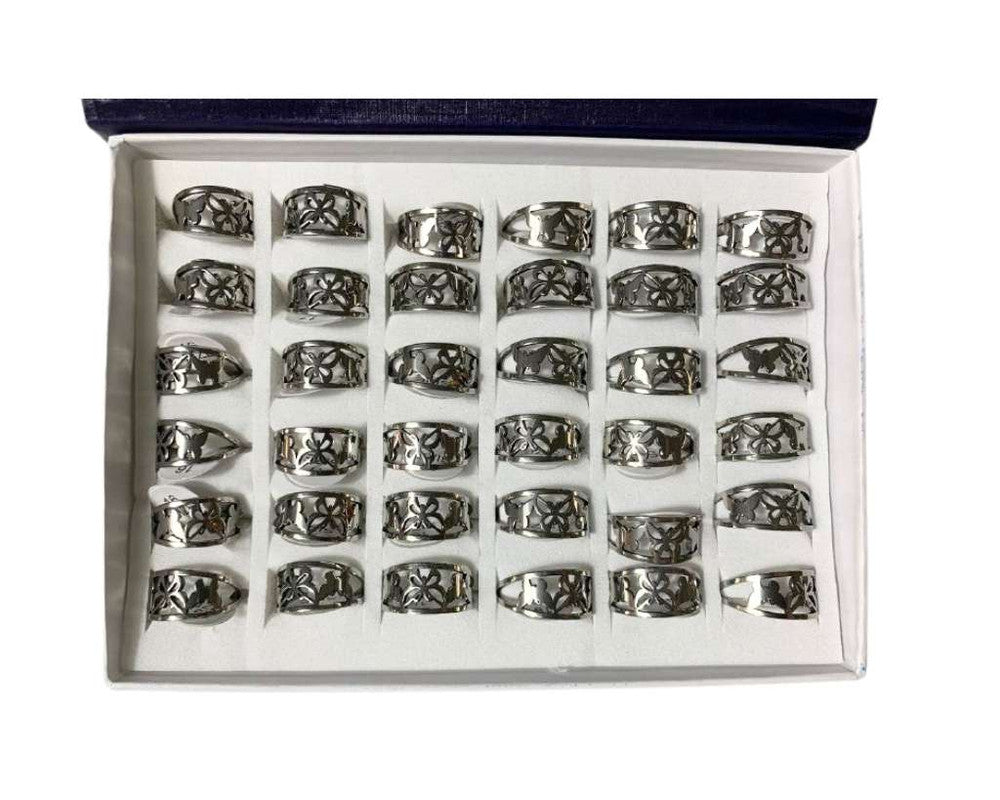 SILVER STAINLESS STEEL THREE BUTTERFLIES RING – Set of 36