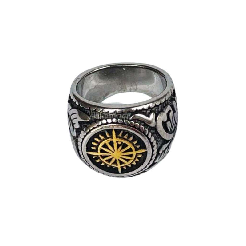 SILVER STAINLESS STEEL RING WITH GOLDEN COMPASS DESIGN- Set of 12