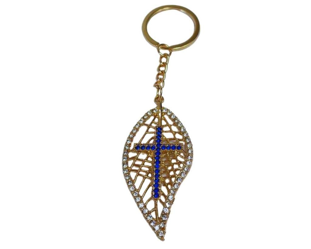GOLDEN  KEYCHAIN LEAF WITH CROSS – Set of 12