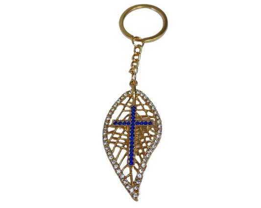 GOLDEN  KEYCHAIN LEAF WITH CROSS – Set of 12