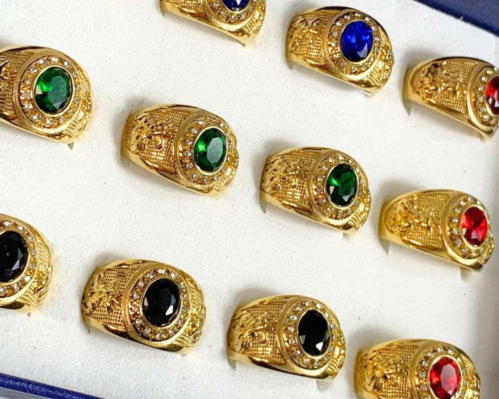 GOLDEN STAINLESS STEEL RING WITH SAINT JORGE COLORED STONE – Set of 12