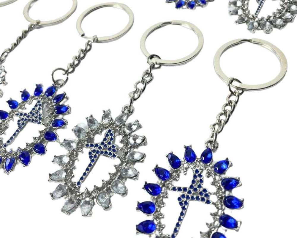 SILVER KEYCHAIN (FAITH/FÉ) WITH BLUE STONES – 12