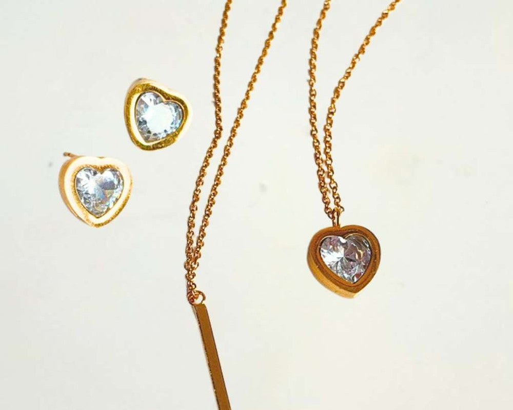 SET GOLDEN EARRINGS HEART AND NECKLACE STEEL BAR- Set of 12