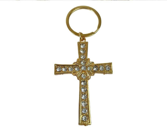 GOLDEN KEYCHAIN CROSS WITH RHINESTONES-Set of 12