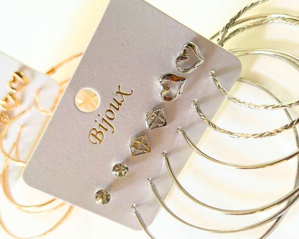 SET GOLDEN/SILVER EARRINGS DIAMOND AND HOOPS- Set of 12