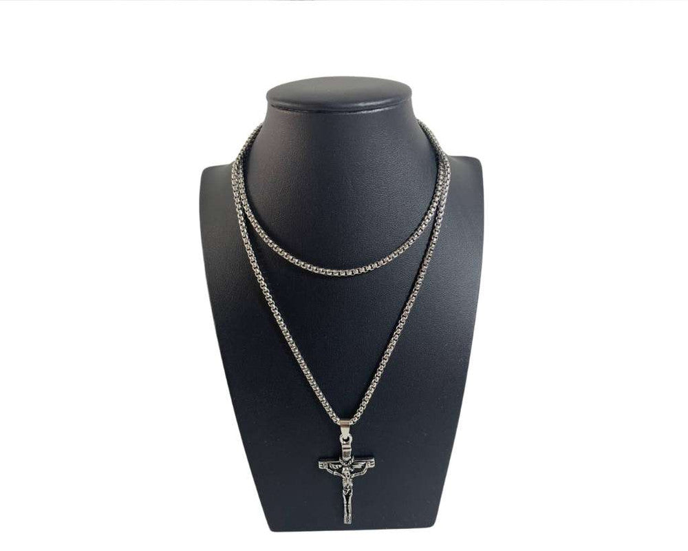 SILVER STAINLESS STEEL NECKLACE CROSS SKULL – Set of 12