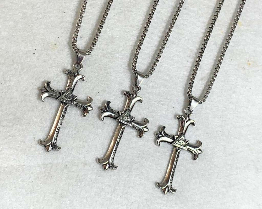 SILVER STAINLESS STEEL NECKLACE CROSS WITH  THE ALL-SEEING EYE – Set of 12
