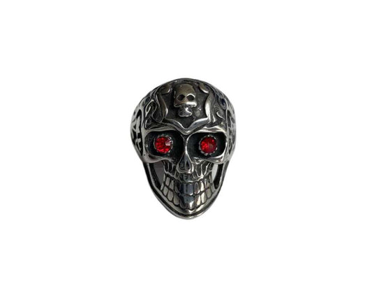 SILVER STAINLESS STEEL RED EYE SKULL RING- Set of 12