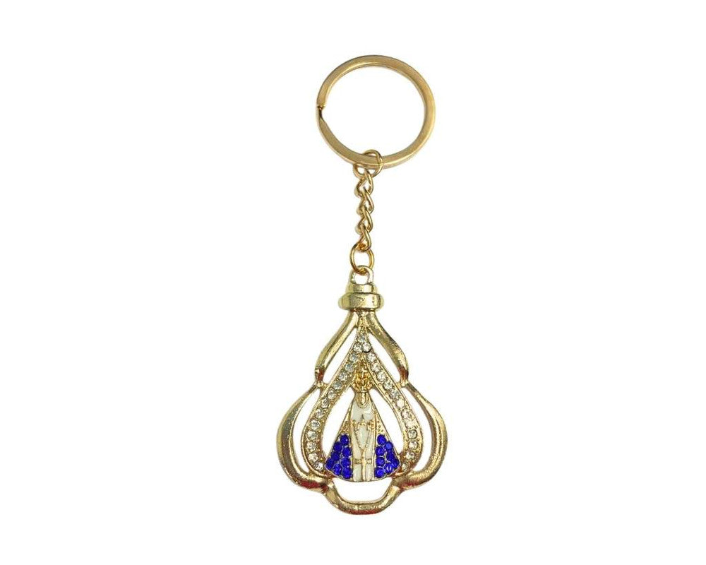 GOLDEN KEYCHAIN OUR LADY APPARITIONS INSIDE SHEET RHINESTONES – Set of 12
