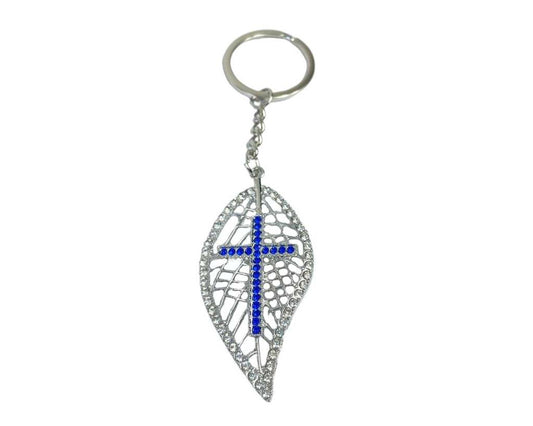 SILVER KEYCHAIN LEAF WITH CROSS – Set of 12