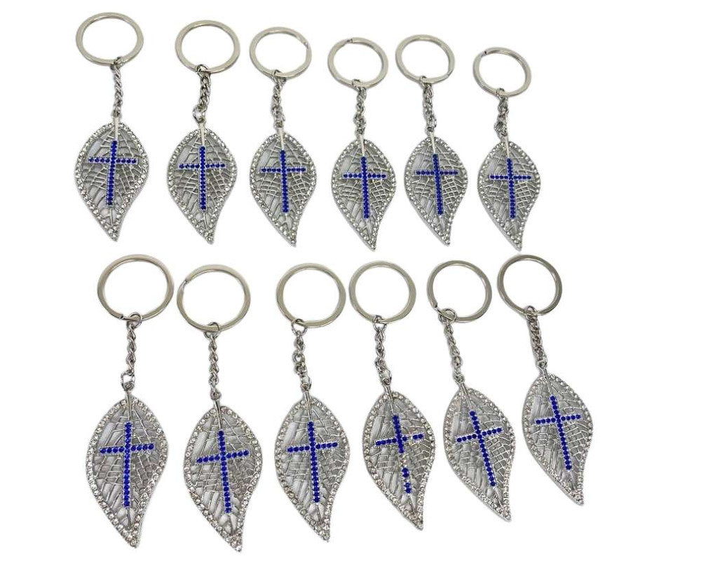 SILVER KEYCHAIN LEAF WITH CROSS – Set of 12