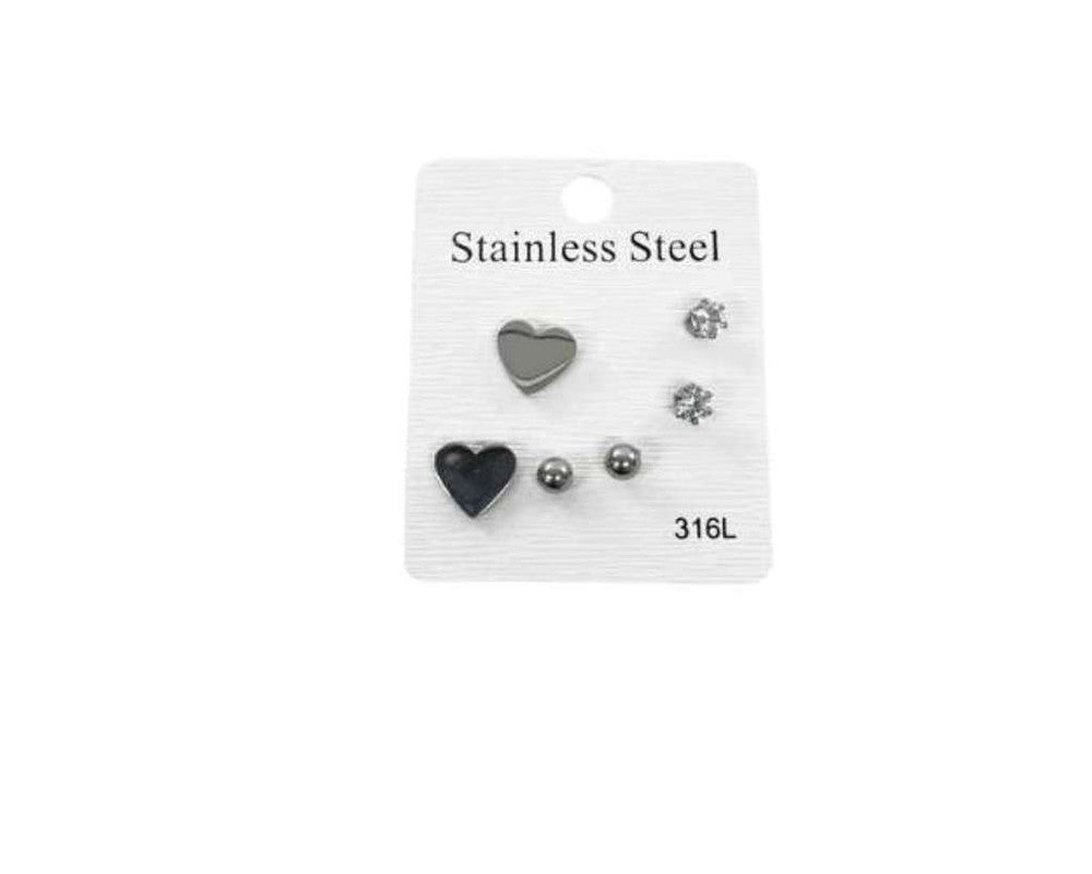 SILVER STAINLESS STEEL EARRINGS LITTLE  HEART ZIRCONIA STONE-Set of 120