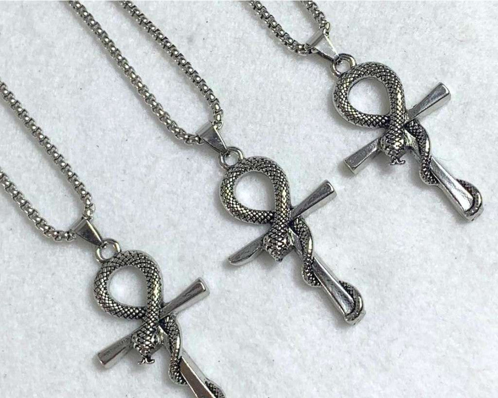 SILVER STAINLESS STEEL NECKLACE CROSS WITH SNAKE  – Set of 12