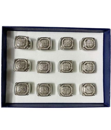 SILVER STAINLESS STEEL RING SQUARE WITH STUDDED RHINESTONES – Set of 12